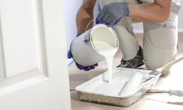 Professional interior construction worker pouring white color paint to tray.