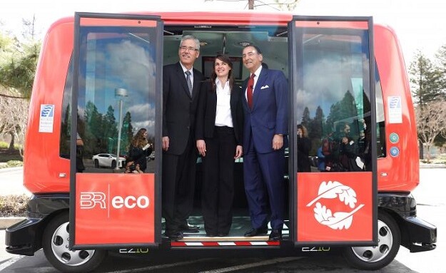 Iwasaki, executive director of the Contra Costa County Transportation District, Lheritier, spokeswoman for EasyMile and Mehran Sr., chairman and chief executive of Sunset Development Company, stand for a photo in San Ramon