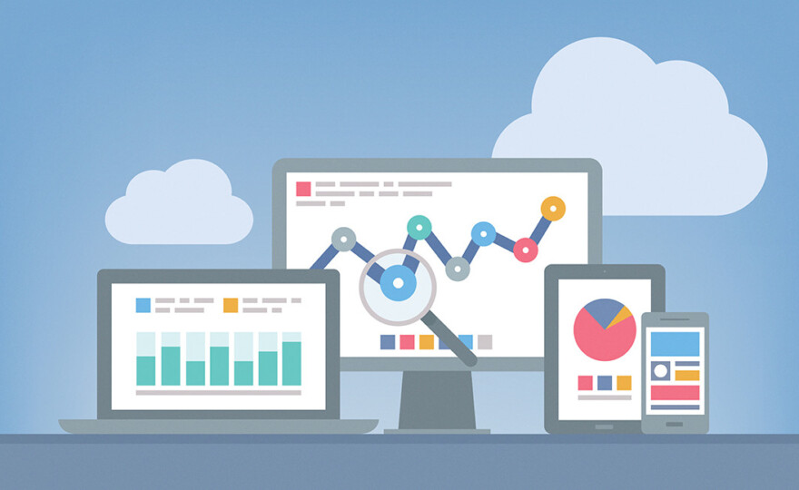 Flat design modern vector illustration concept of website analytics and SEO data analysis using modern electronic and mobile devices. Isolated on grey background