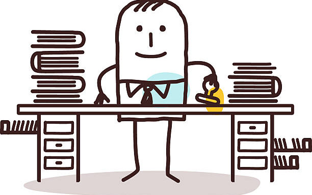 vector hand drawn cartoon characters - employee man working at his desk