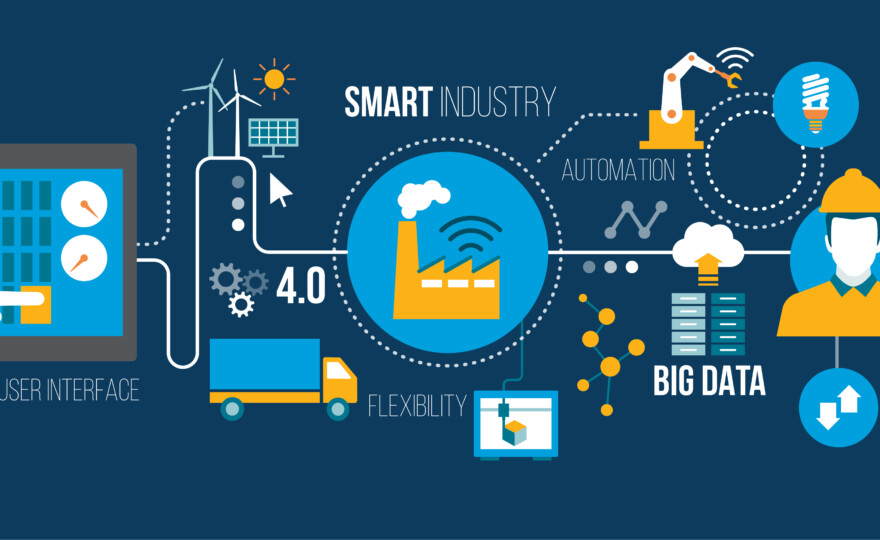 Smart industry 4.0, automation and user interface concept: user connecting with a tablet and exchanging data with a cyber-physical system