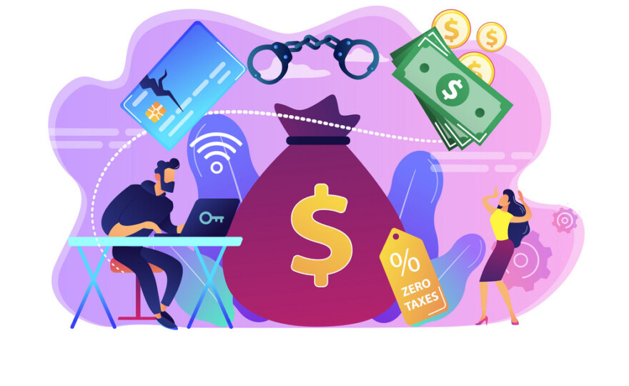 Hacker at laptop commiting financial fraud and stealing huge bag with money. Financial crime, money laundering, black market goods concept. Bright vibrant violet vector isolated illustration