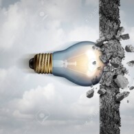 Power of ideas and unlimited creative strength as a light bulb breaking through a cement wall as a creativity force metaphor or business concept for thinking innovation with 3D illustration elements.