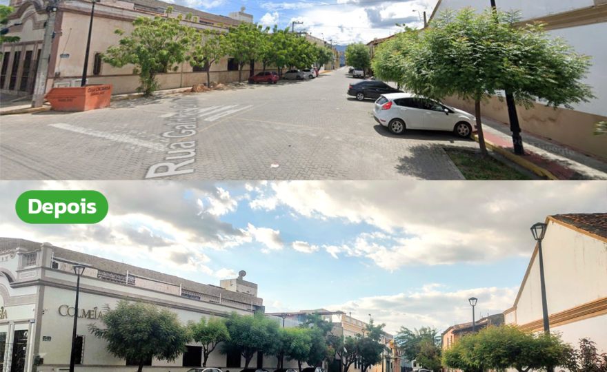 O antes e depois do Centro Histórico de Sobral (foto: reprodução Google Street/Seinfra-CE).